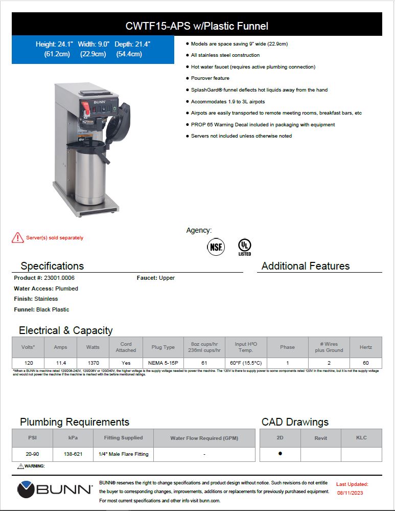 Bunn Coffee Brewer for Airpot Model # 23001.0006