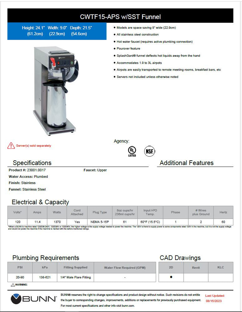 Bunn Coffee Brewer for Airpot Model # 23001.0017