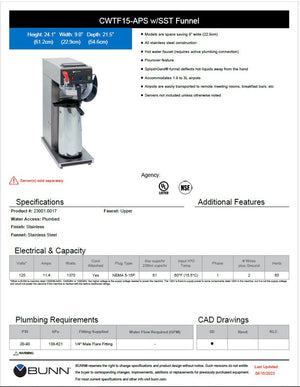 Bunn Coffee Brewer for Airpot Model # 23001.0017