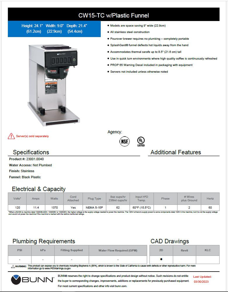 Bunn Coffee Brewer for Thermal Server Model # 23001.0040