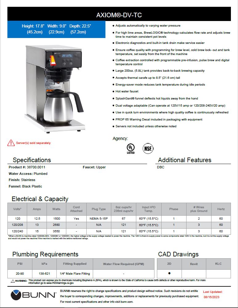 Bunn Coffee Brewer for Thermal Server Model # 38700.0011